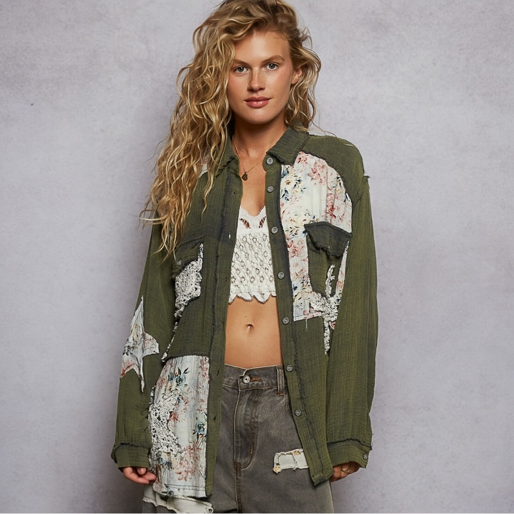 POL Button Down Shirt Star Patchwork Soft Grunge Utility Long Sleeve Navy Green